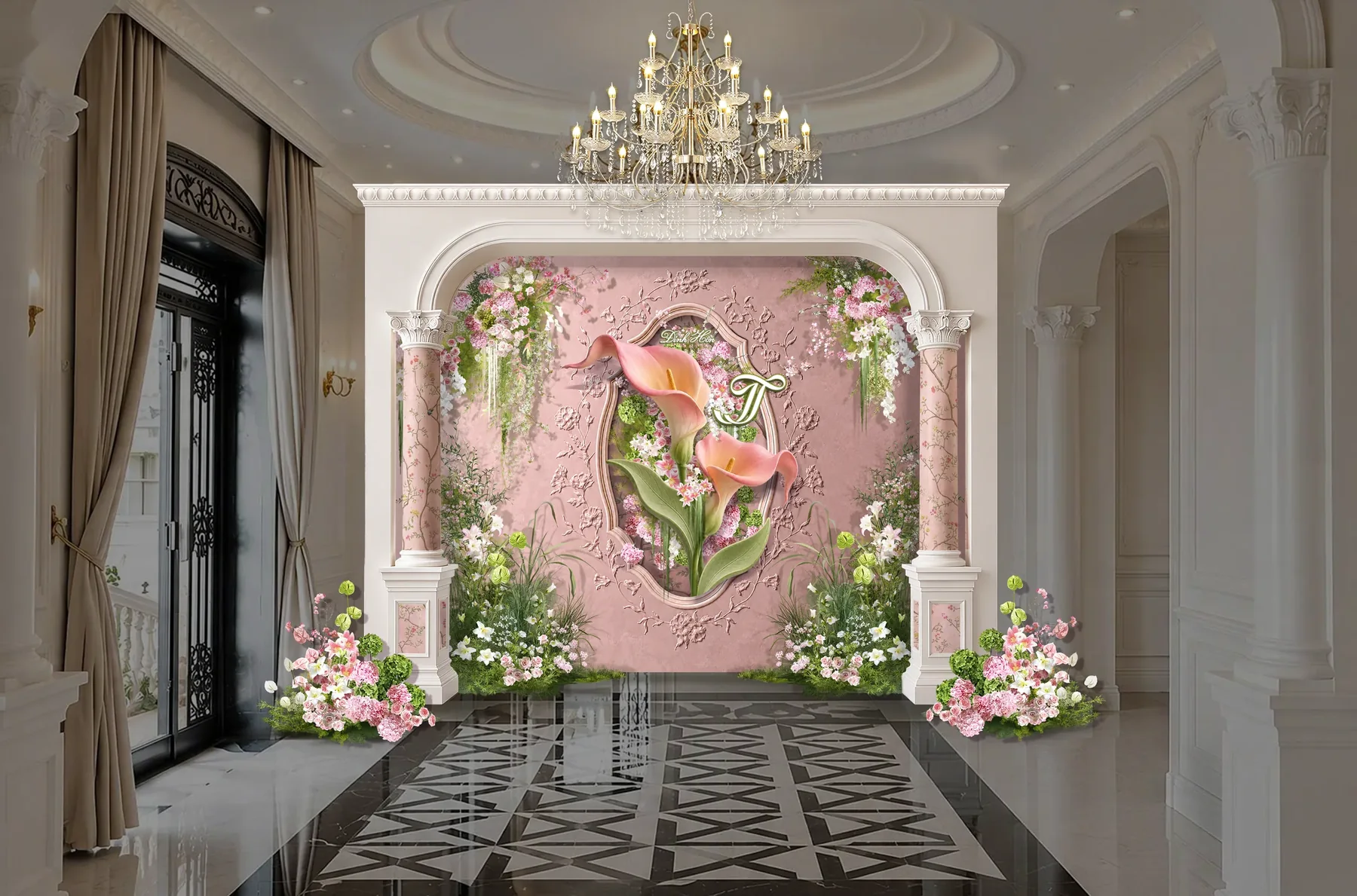 Phối cảnh backdrop lễ — Calla Lily 3D trên hệ vách