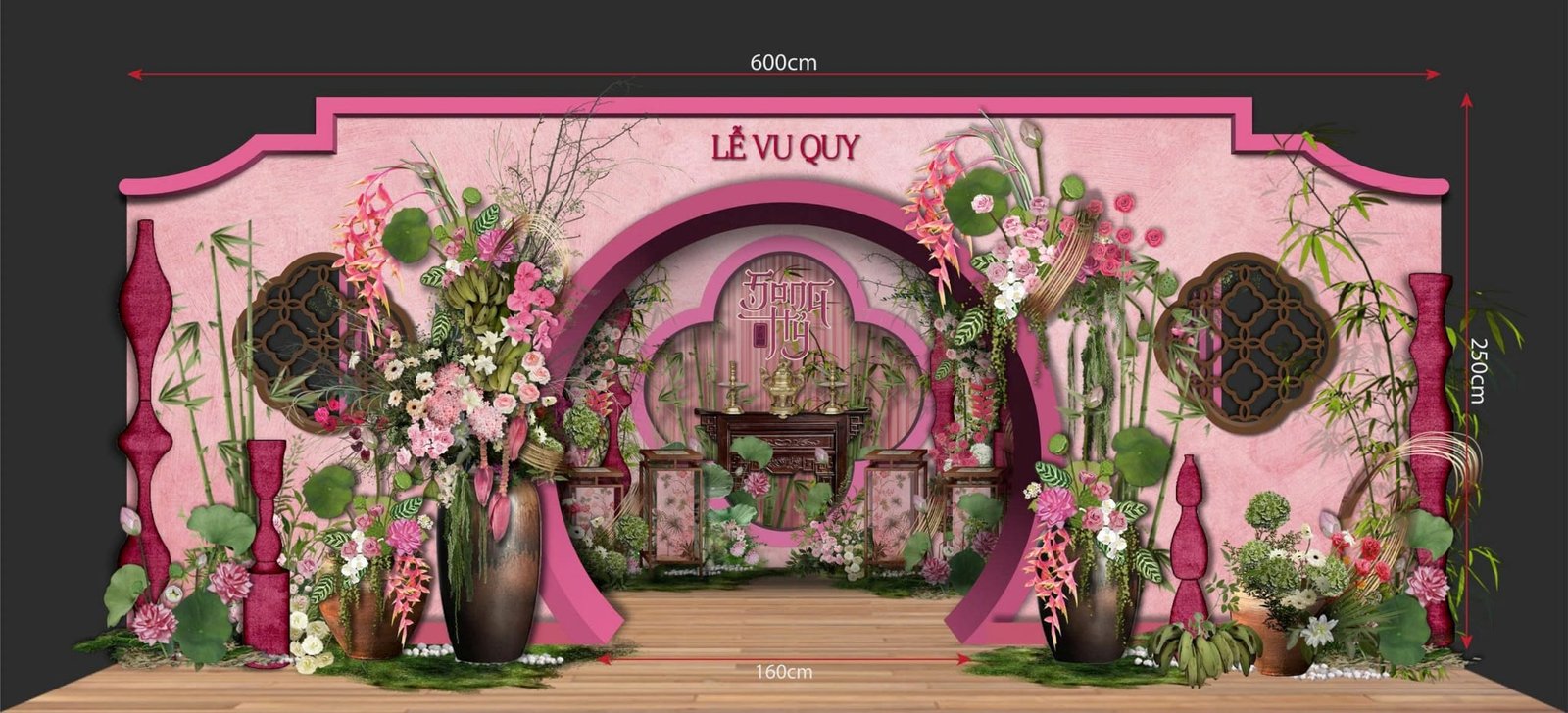 Biến hóa phòng cộng đồng chung cư thành không gian lễ gia tiên 3 Bản vẽ cổng Lễ Vu Quy vòm tròn trong concept Hồng Môn Hoa Viên
