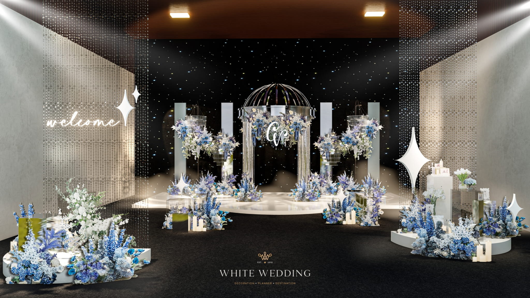 trang tri tiec cuoi elegant blue monochromantic white wedding 2 1