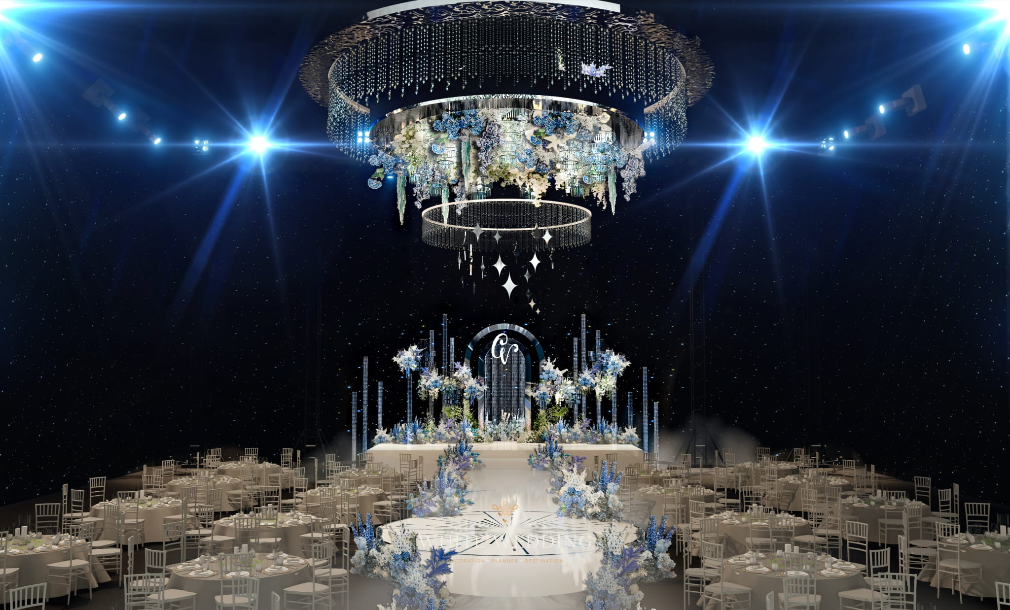 trang tri tiec cuoi elegant blue monochromantic white wedding 3 1