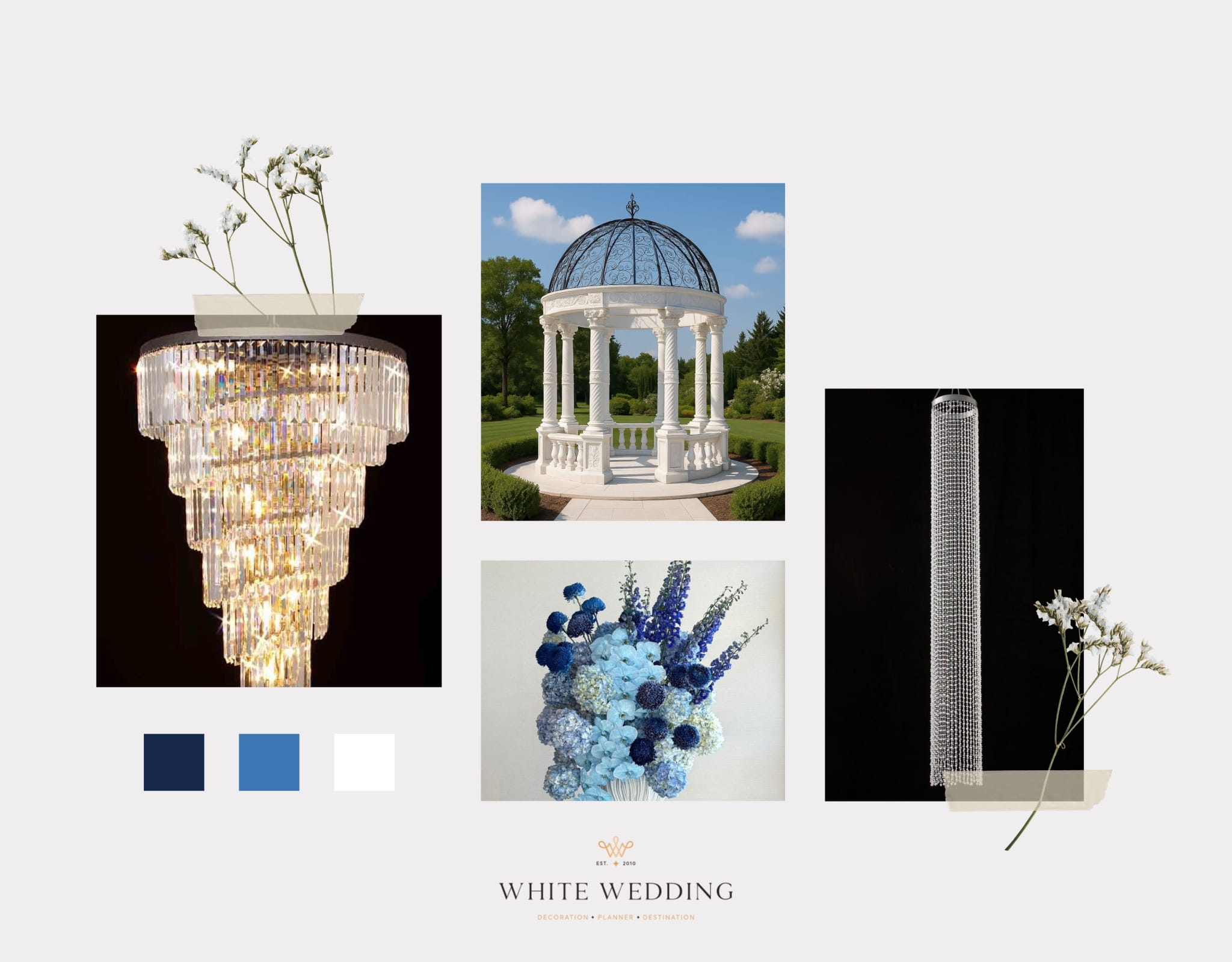 trang tri tiec cuoi elegant blue monochromantic white wedding
