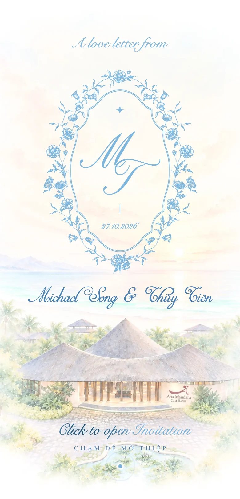 Cover thiệp cưới online Michael Song Thủy Tiên: monogram hoa xanh trên nền màu nước