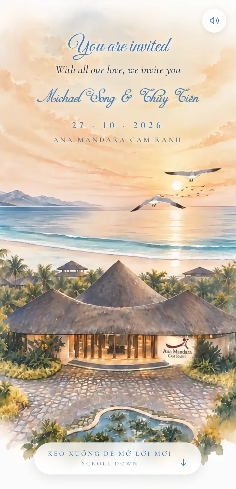 Thiệp cưới online 4 Thiệp cưới online Michael Song Thủy Tiên: tranh màu nước Ana Mandara Cam Ranh