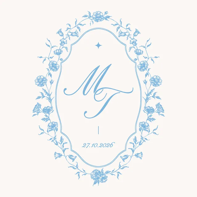 Thiệp cưới online 35 Monogram M và T trong vòng hoa xanh, 27.10.2026