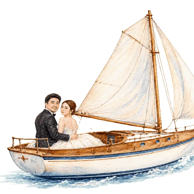 Thiệp cưới online 38 Minh họa cô dâu chú rể trên thuyền buồm, cuối thư
