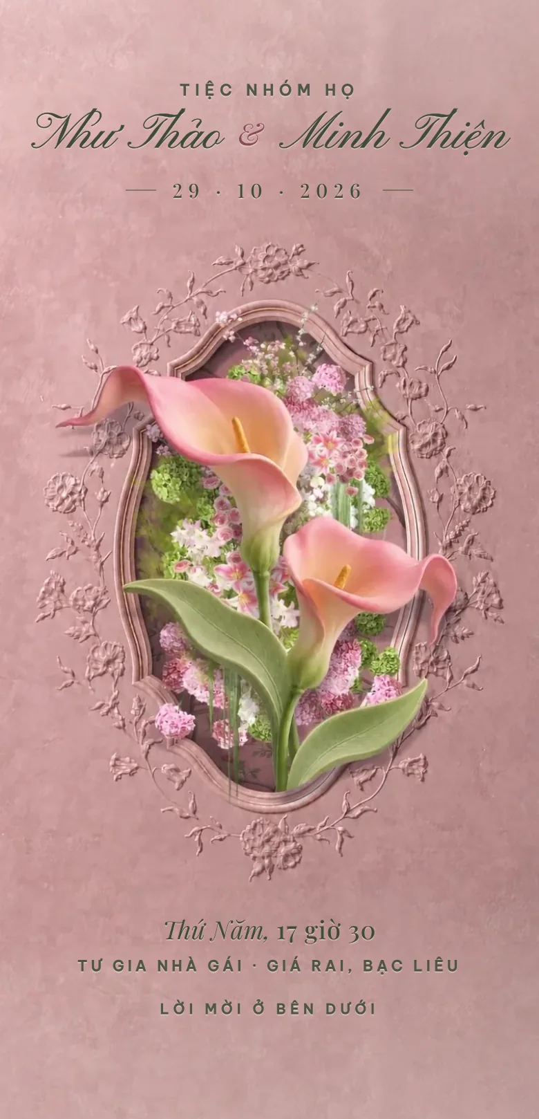 Thiệp cưới online 7 Thiệp online mẫu Tiệc Nhóm Họ Như Thảo Minh Thiện: khung hoa Calla Lily trên nền hồng trà, concept Hồng Uyển