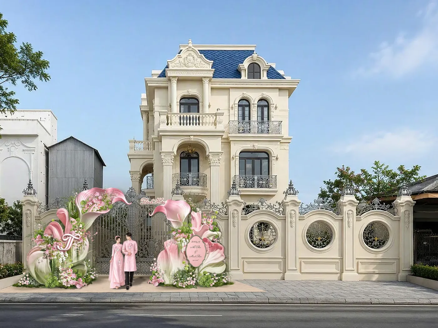 Thiệp cưới online 41 Phối cảnh cổng hoa chính với đôi Calla Lily khổng lồ trước tư gia, concept Hồng Uyển