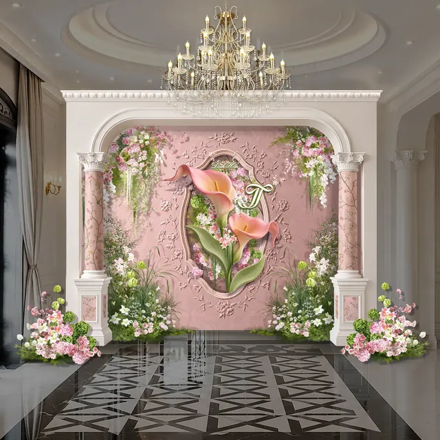 Thiệp cưới online 42 Backdrop khung vòm với Calla Lily 3D trên nền hồng trà