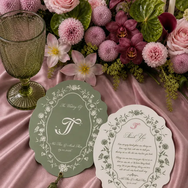 Thiệp cưới online 45 Tag cảm ơn oval monogram TT buộc tua rua xanh thyme