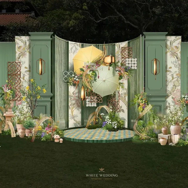 Thiệp cưới online 28 Hệ vách xanh sage đối xứng và cặp ô backdrop