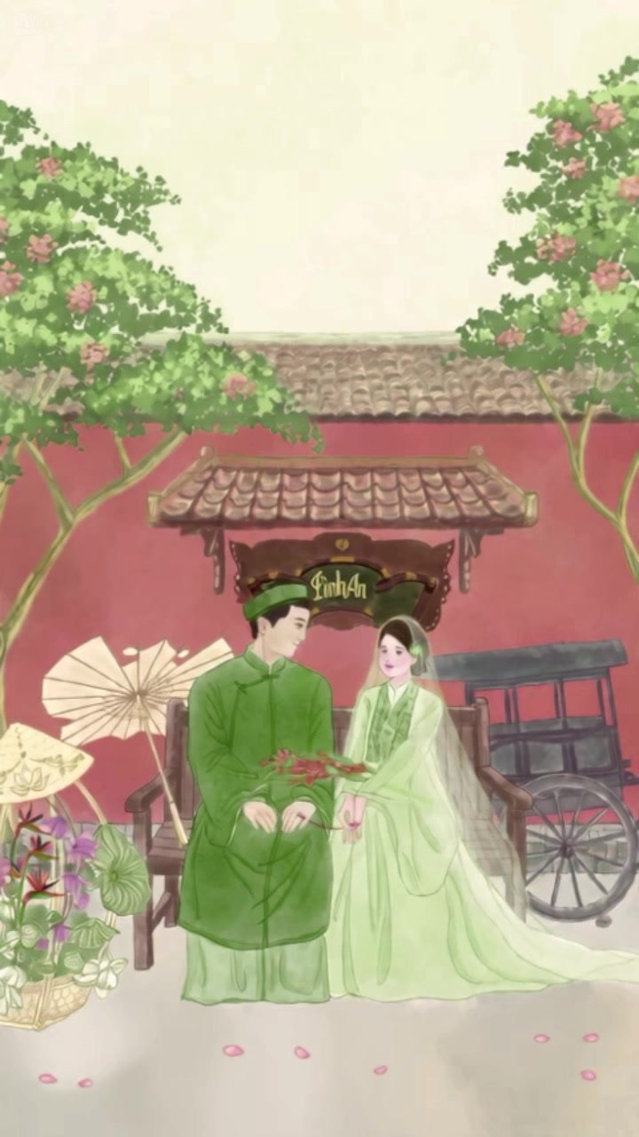 Thùy Trang và Khoa Nam trong áo dài trước cổng làng Bình An